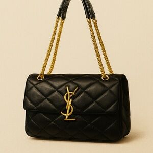 Yves Saint Laurent Black Quilted Shoulder Bag with Gold Chains
